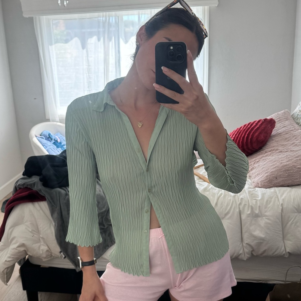 Vintage Mint Green Button-Up Blouse Top